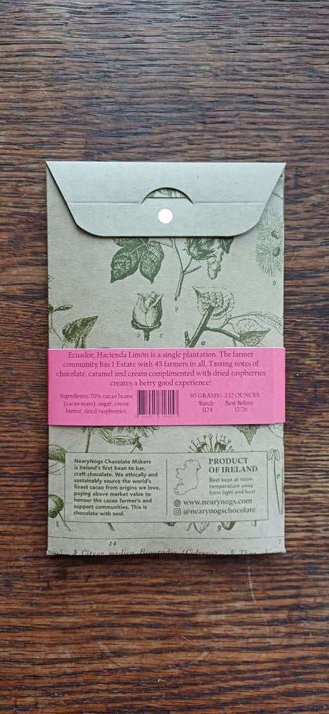 Raspberry Ecuador 70% Chocolate Bar.